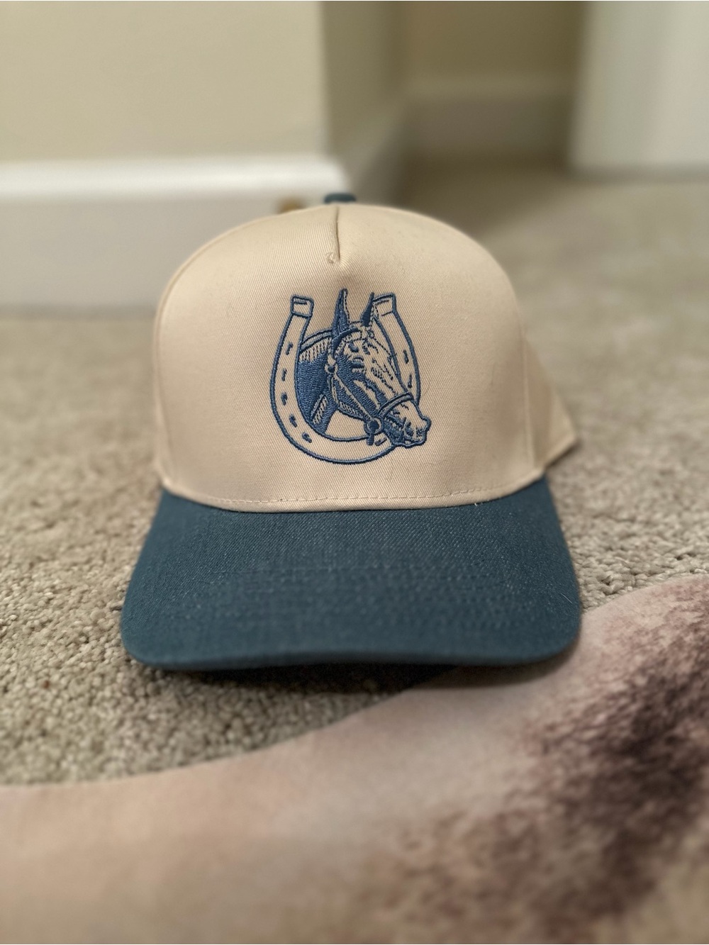 Horse & Horseshoe Embroidered Trucker Hat in Cream and denim - western chic